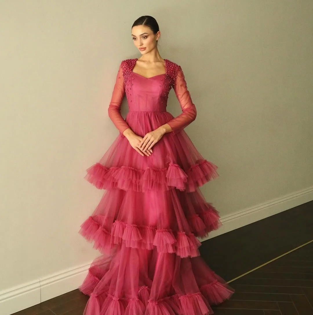 Gorgeous Tiered A Line Prom Dresses Sheer Long Sleeves Pearls Beaded Evening Gowns Floor Length Women Formal Party Dress