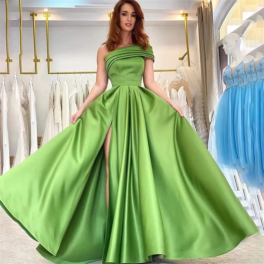 One-shoulder Satin Prom Dresses High Slit A-line Ruched Floor-length,Backless Lace-up Sleeveless Pleated Formal Party Ball Gowns