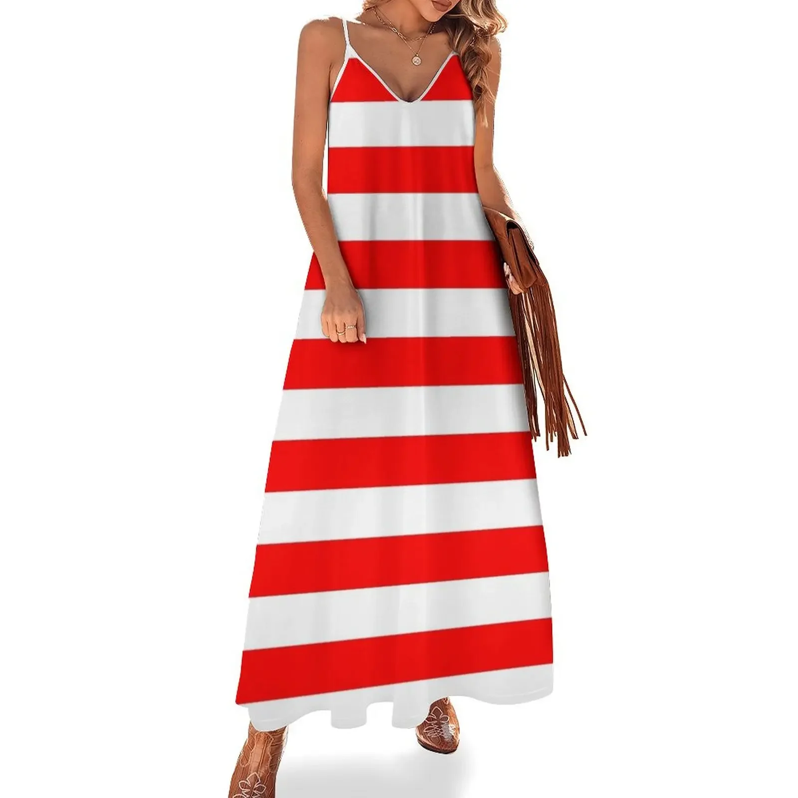 

Red and White Horizontal Stripes Sleeveless Dress sexy dress for women cute dress Woman's evening