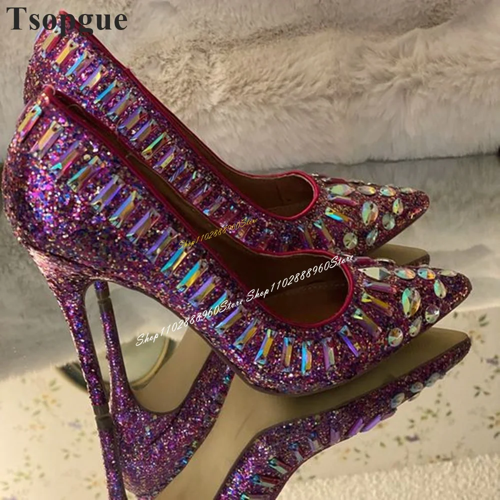 

Bling Rose Red Glitter Crystal Decoration Pumps Thin High Heel Women Shoes Slip On Pointed Toe 2024 Fashion Zapatos Para Mujere