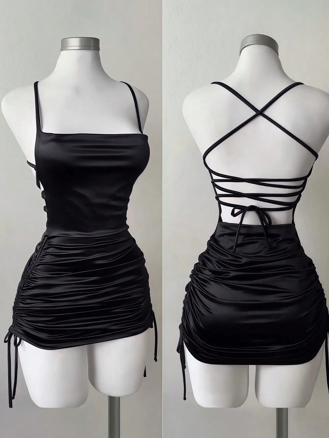 Vestido Mini Preto de Cetim com Alças Finas e Barra Assimétrica