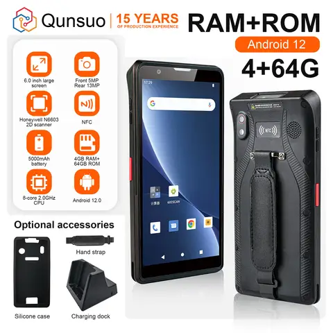Coletor de Dados Industrial com Suporte Google Play, Bateria Integrada de 5000mAh, Leitor de Código de Barras 2D Honeywell, PDA Portátil com Android 12 OS