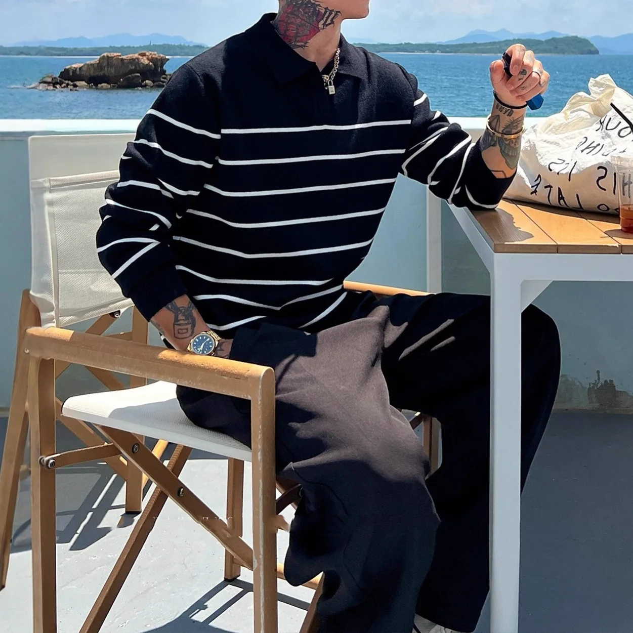 2025 outono inverno novos homens turn down collar listrado camisa polo manga longa preto branco cor bloco casual negócios topo