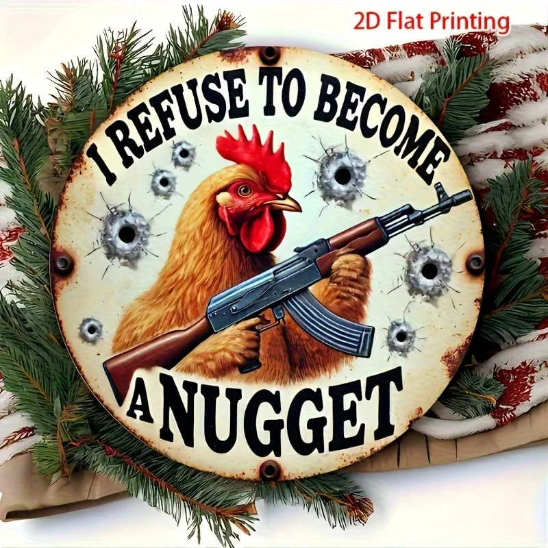 2D Flat - 20.32X20.32 cm Wooden Wall Art in 2D Featuring a Chicken with an AK-47 And The Phrase 'I Refuse to Be a Chicken Nugget