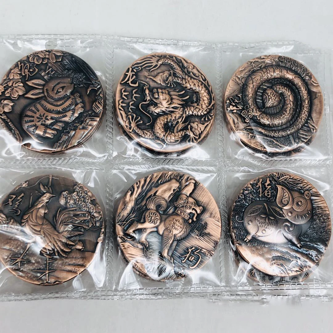 12pcs/set Twelve Zodiac Coin 3D Bronze Medal Year of the Horse Coins Art Collection Challenge Christmas Decor New Year Gift