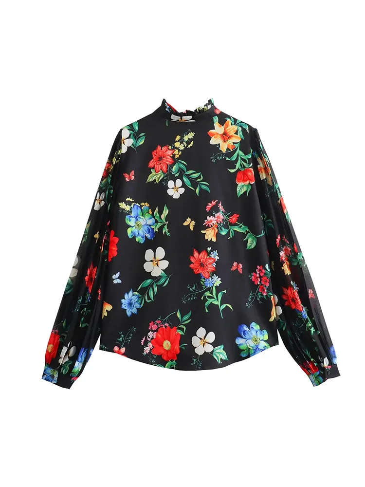 ZADATA 2024 new women's versatile personalized floral print trendy fashion lapel retro single-breasted long-sleeved shirt