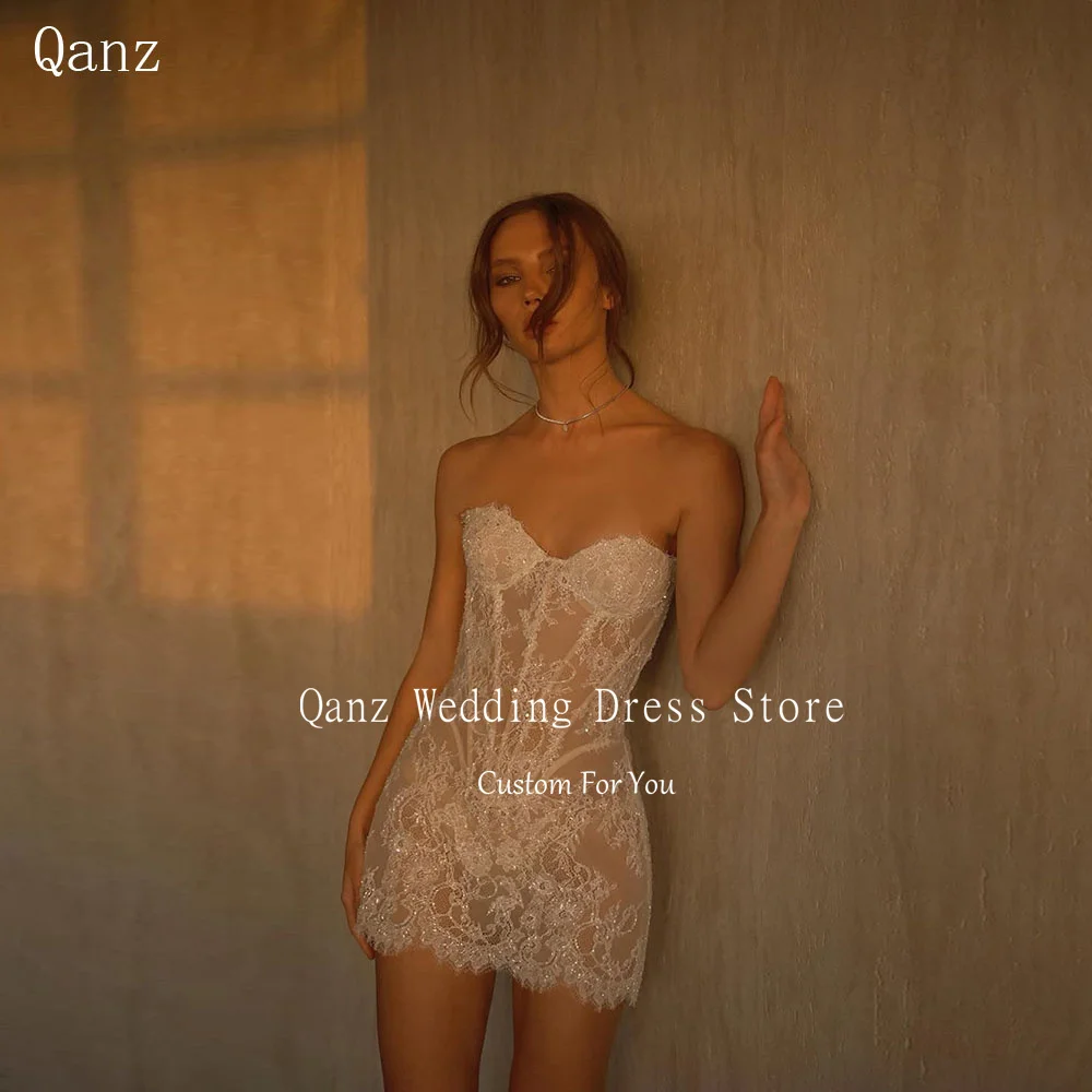 Qanz Sexy Full Lace Wedding Dress Mini A Line Sweetheart Short Robe De Mariée See Througth Corset Vestidos De Novias Customized