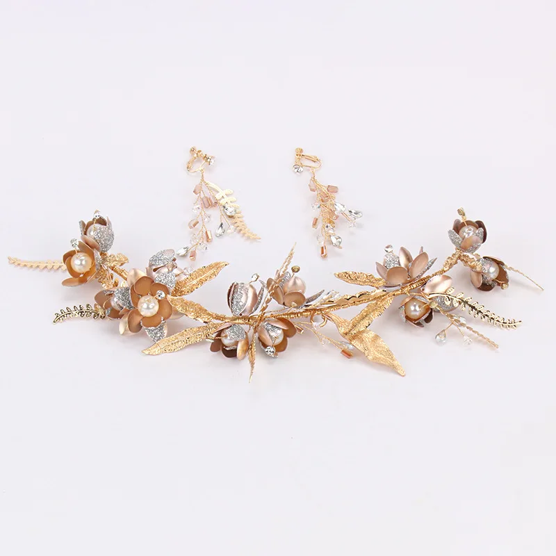 Bridal Headwear  Bride Wedding Veil Accessories Golden Bright Pink Flower Hot selling Crystal Headband & Earring Sets Wholesale