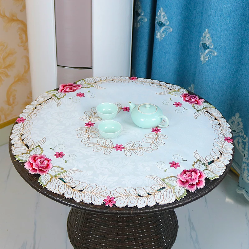 

NEW Round satin rose flower Embroidery table cloth cover wedding tablecloth kitchen Christmas Table decoration and accessories