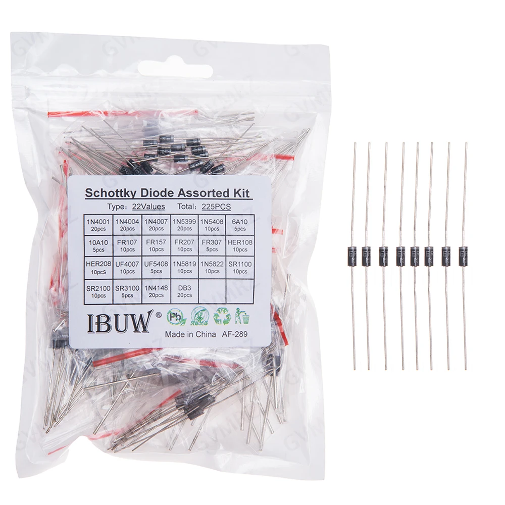 225PCS 22Values Schottky Diode Assorted Kit 1N4001 1N5819 1N4007 1N4148 DB3 for Electronic Rectification Projects 6A10 10A10