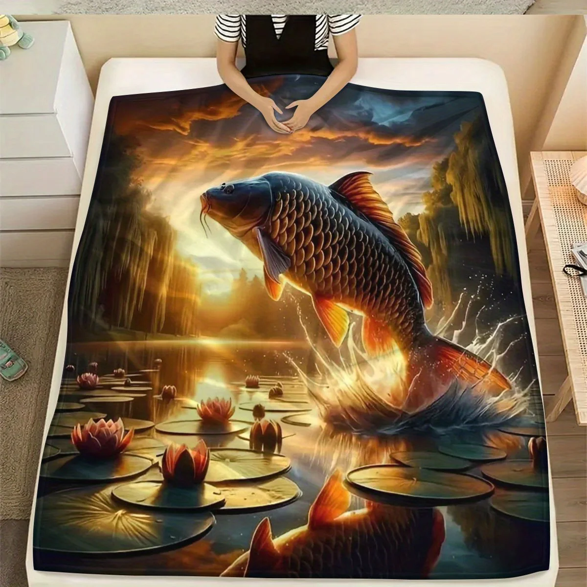 Ultra Soft Koi Fish Sunset Pond Blanket Throw Nature Decor Artistic Spring Autumn Bedspread Gift for Bedroom Living Room