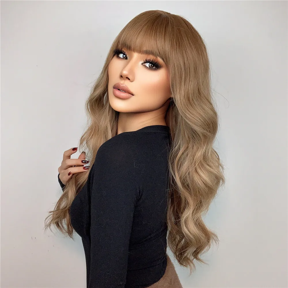 LOUIS FERRE Light Brown Body Wave Synthetic Wigs with Bangs Long Brown Natural Wavy Wig for Women Daily Party Use High Quality