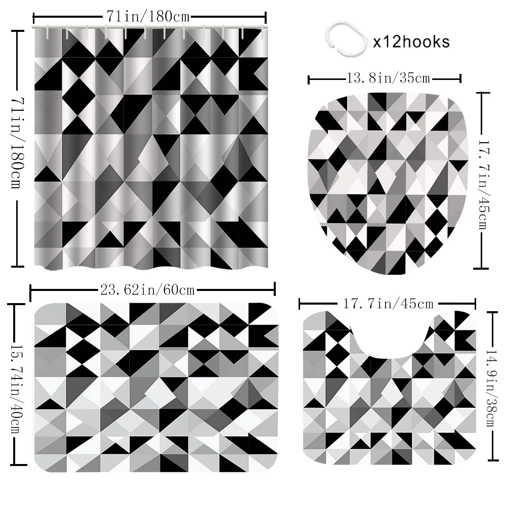 1/4 ستائر دش مطبوعة هندسية باللونين الأبيض والأسود، ديكور مقعد المرحاض، ستارة دش مع سجادة وغطاء للمرحاض، 70.8 × 70.8 #4