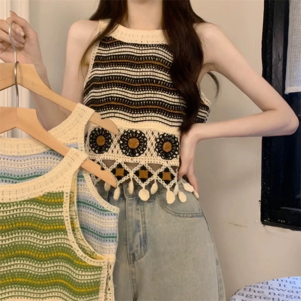 Striped Knitted Tank Top Cotton Vintage Hollow Small Vest National Style Tassel Short Sleeves Summer
