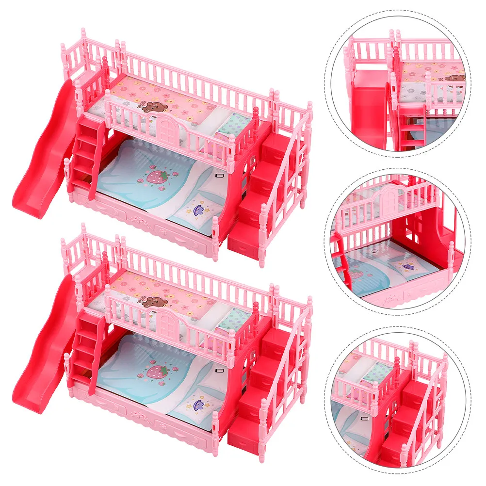 

2 шт. Детская мебель: миниатюрные двухъярусные кровати, реалистичный комплект двуспальной кровати с лестницей и горкой, аксессуары для игровой спальни для фигурок 17 см