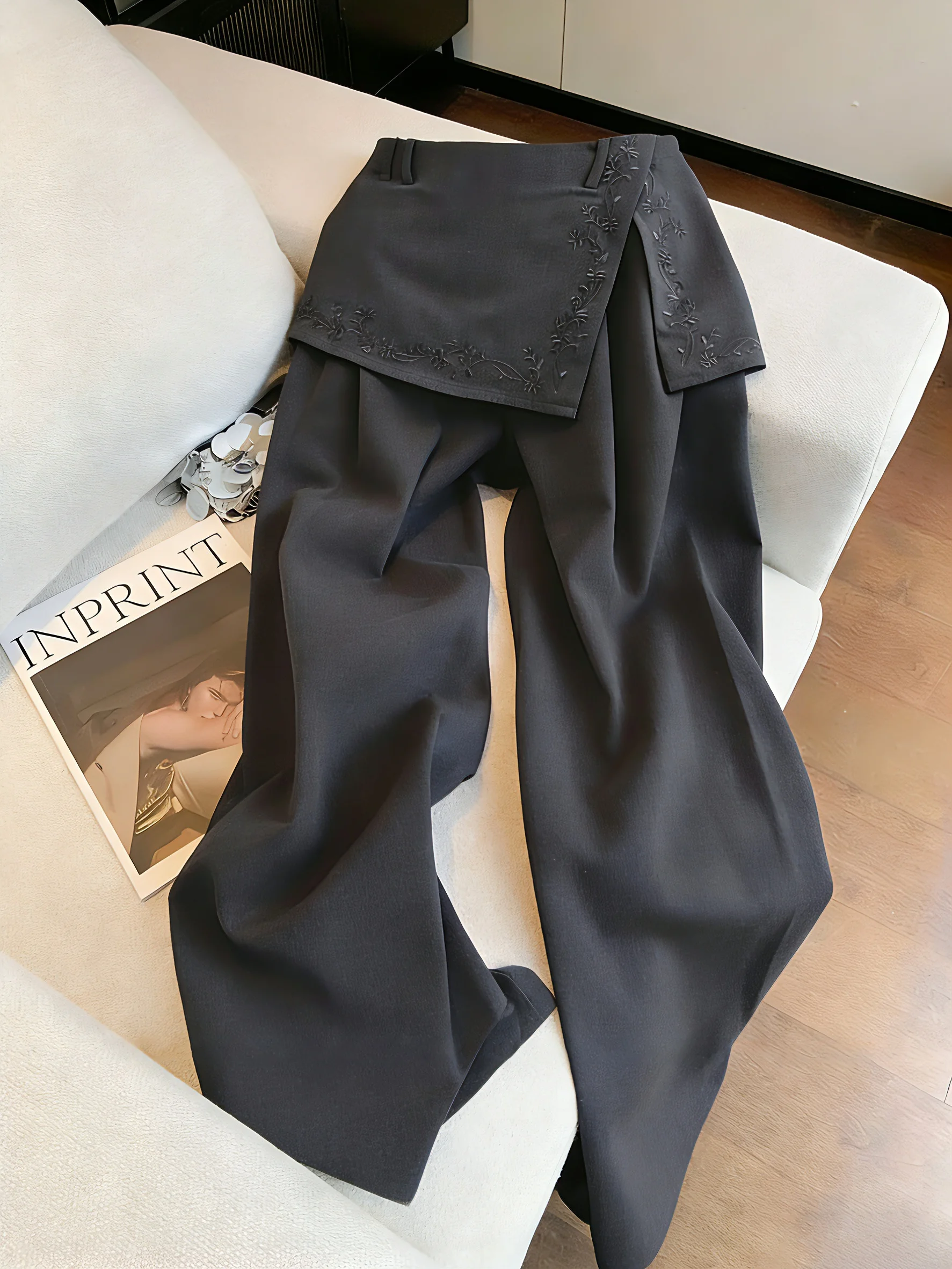 

Retro Grey Wide Leg Suit Pants Casual Summer Design Loose Straight Tube Trousers Men Women Asymmetrical Natural Waist Elastic