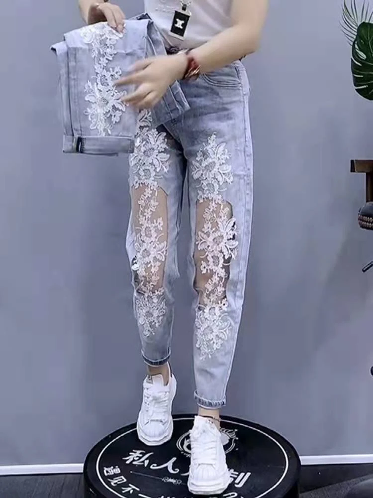 Lace Spliced Hollow Out Blue Jeans for Women Chic New Fashion Slim High Waisted Jeans Chic Vintage Ankle-Length Pants