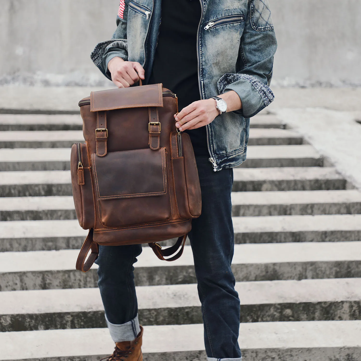 S.WORKER Vintage Echtleder-Rucksack Laptop-Tasche Casual Crazy-Horse-Leder Schultasche Outdoor-Reise-Weekender-Tasche – Detail 6