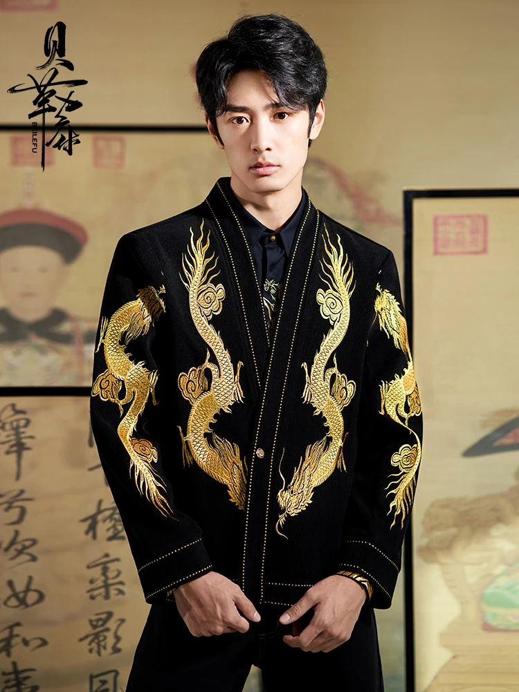 Chinese Style Embroidery Golden Dragon Dress Jacket Men Silm Fit Prtformance Party Banquet Outwear
