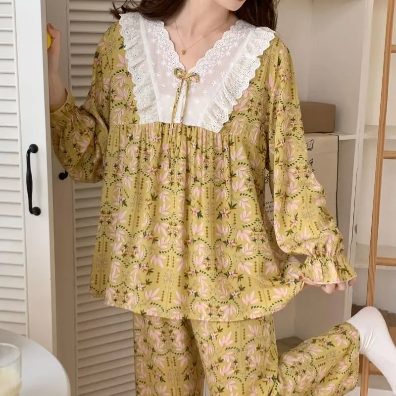 Ensembles de pyjama patchwork en dentelle à col en V pour femmes, vêtements de nuit Kawaii pour filles, manches longues évasées douces, nœud à la maison, vêtements de nuit pour étudiants, mode printemps