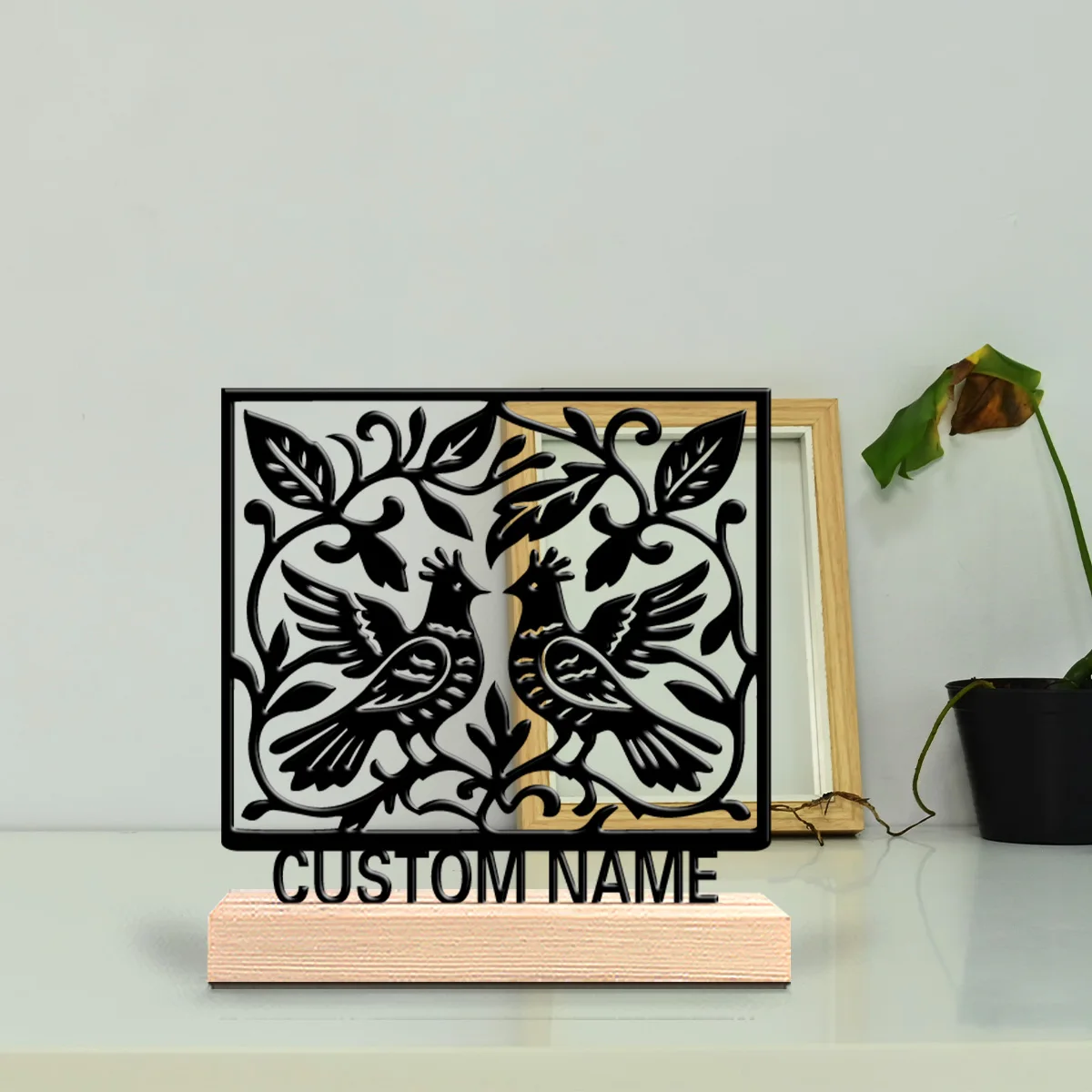 1pc Cute Personalized Custom Double-Bird Vine Metal Statues Delicate Wooden Base Decor for Bedrooms Weddings Bohemian Nature