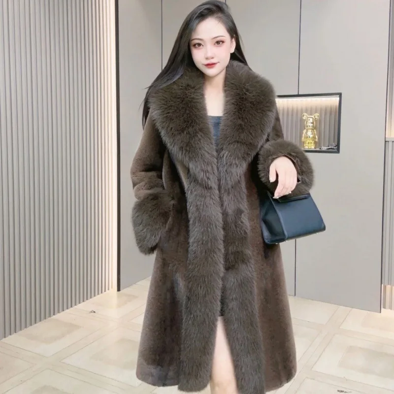 2024 New Imitation Mink Fur One Coat Female Imitation Fox Collar Ermine Velvet Medium Long Haining Fur Comfort Modern Stylish