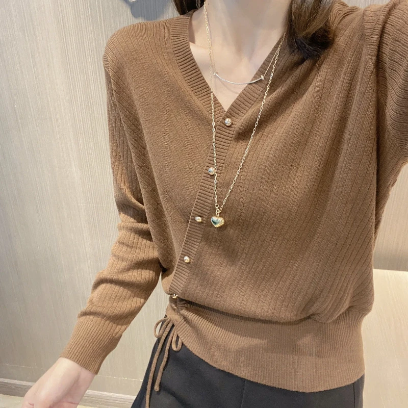 

Irregular V-neck Drawstring Oblique Solid Color Sweater for Women Spring New Style Versatile and Unique Design Top