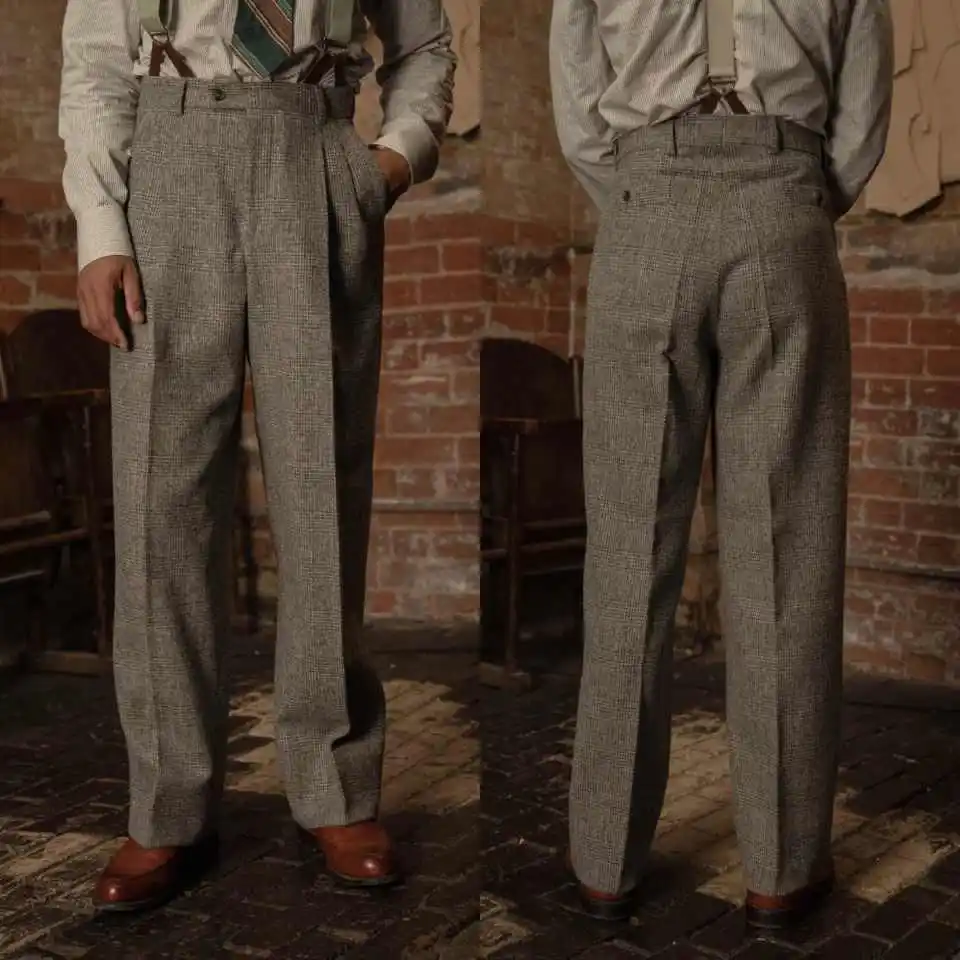Vintage Check Mens Dress Pants Raised Waist Front Pleat Tweed Material Casual Bottoms For Daily Office Event Customized