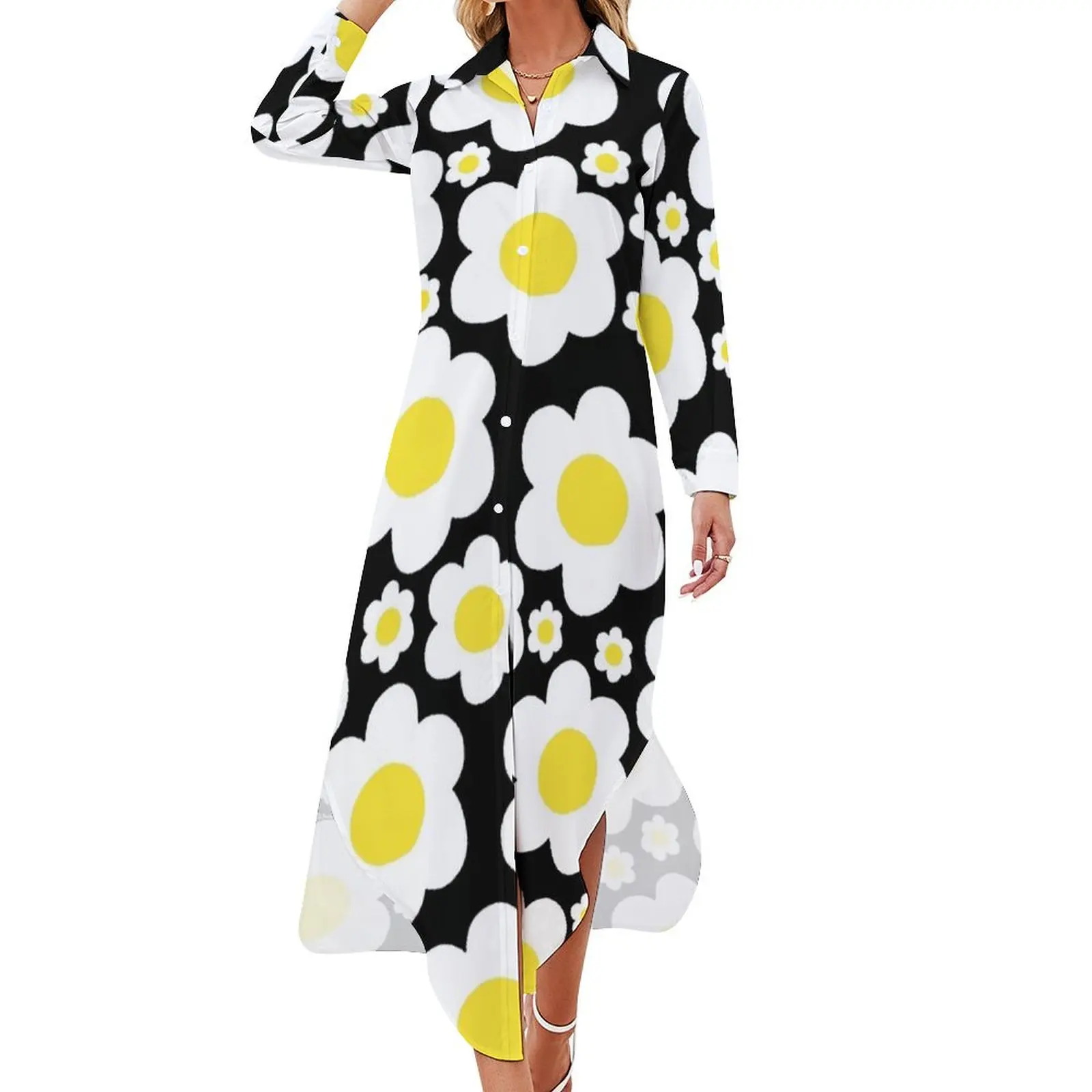 

Retro 60's Daisy Pop Flowers Long Sleeved Shirt Dress dress korean style chic and elegant evening dress for women 2024