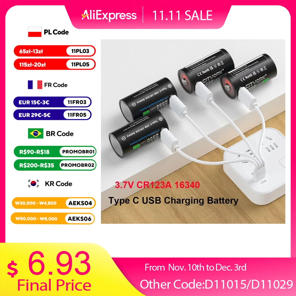 CITYORK 2550mWh 3.7V 16340 16350 Rechargeable Battery USB Charging RCR123 CR123 CR123A Li-Ion Btteries For With USB Cable