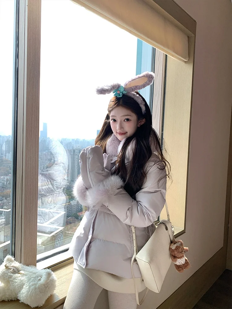 

Женская удлиненная пуховая куртка фиолетового цвета с меховым воротником, 90% белого утиного пуха, теплая повседневная зимняя верхняя одежда А-силуэта