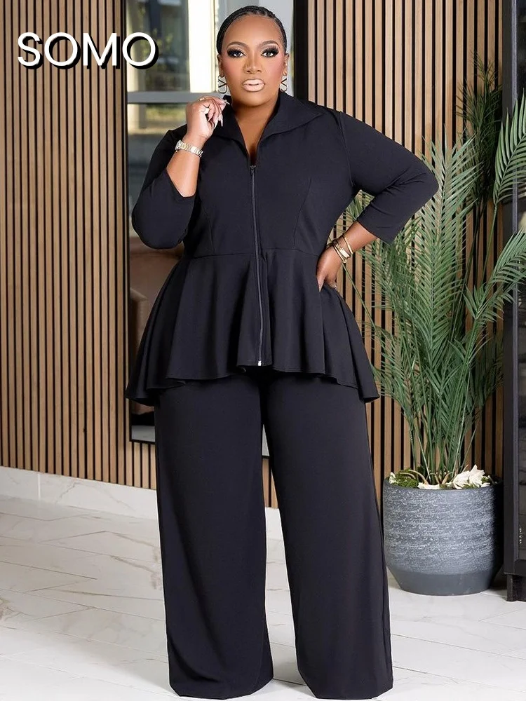 SOMO-Ensemble 2 pièces grande taille pour femme, fermeture éclair, col à revers, pantalon large, manches longues, solide, document, loisirs, trempé, bureau, dame, slim, 2024