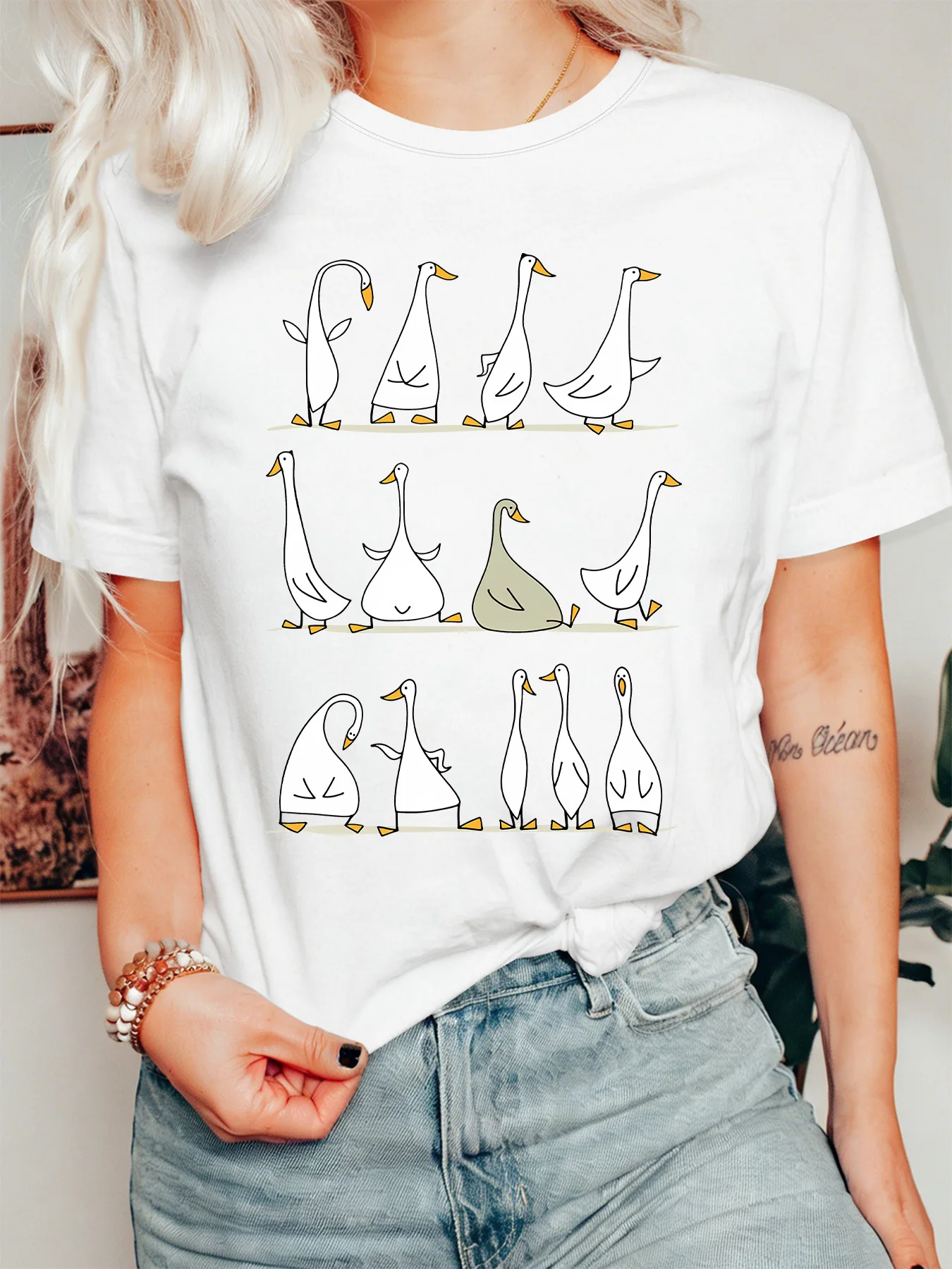 Fun Multi Pose Geese Womens T Shirt Playful Cartoon Bird Collection Graphic Tee Short Sleeve Casual Daily Streetwear Ladies Tops