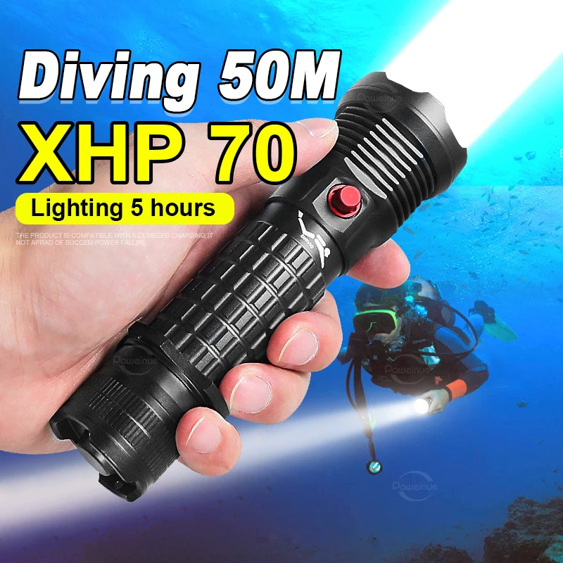 

XHP70 Professional Diving Flashlight White Light 4 Modes Diving 50 Meters Underwater Lantern Portable Searchlight Scuba Lamp