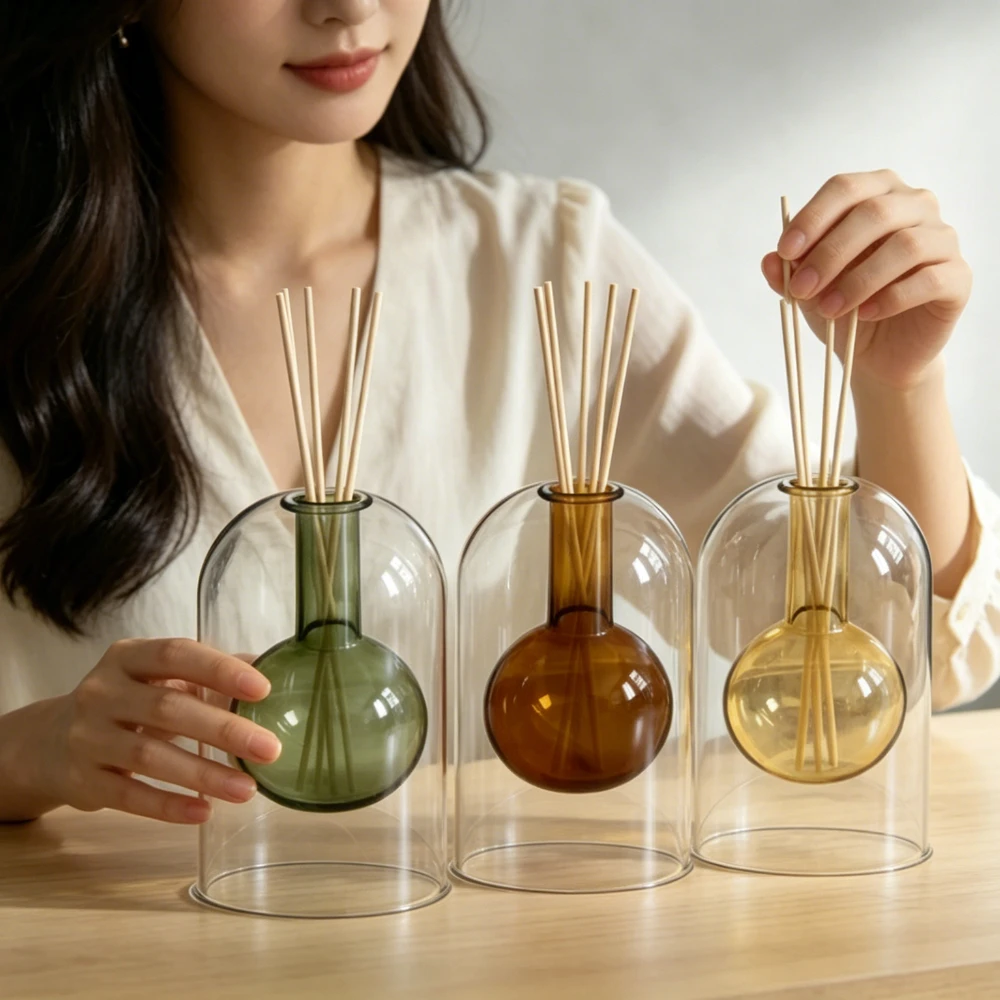 Double Layer Transparent Glass Aromatherapy Diffuser Bottle Home Decoration Ornament Rattan Dried Flower Fragrance Office Decor
