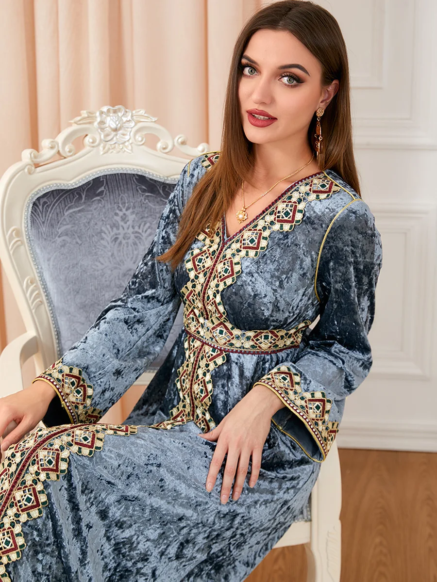 Nhung Hồi Giáo Đầm Nữ Abaya Thêu Maroc Đầm Dự Tiệc Mùa Đông Làm Dày Chia Abayas Dài Hồi Giáo Nhĩ Kỳ Tiếng Ả Rập Dài Áo Dây