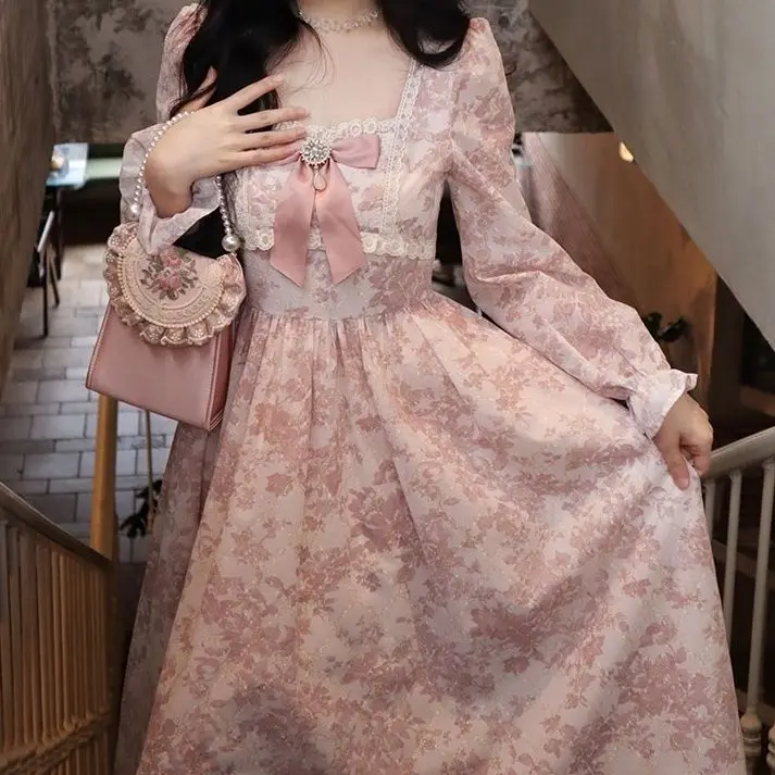 Sweet Pink 2023 Dresses For Women Floral Print Elegant Evening Party Kawaii Vintage Midi Dresses Lace Bubble Sleeve Retro Dress