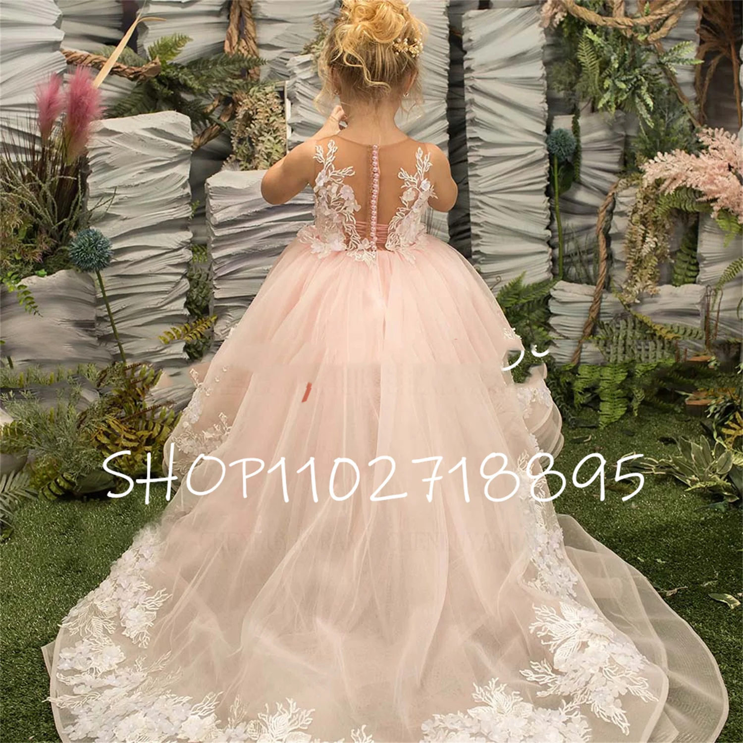 

Luxury Pink Flower Girls Dresses 2023 Lace Applique A-Line Kids Wedding Party Dress Hi-Lo Sweep Train Cute Girl Princess Gowns