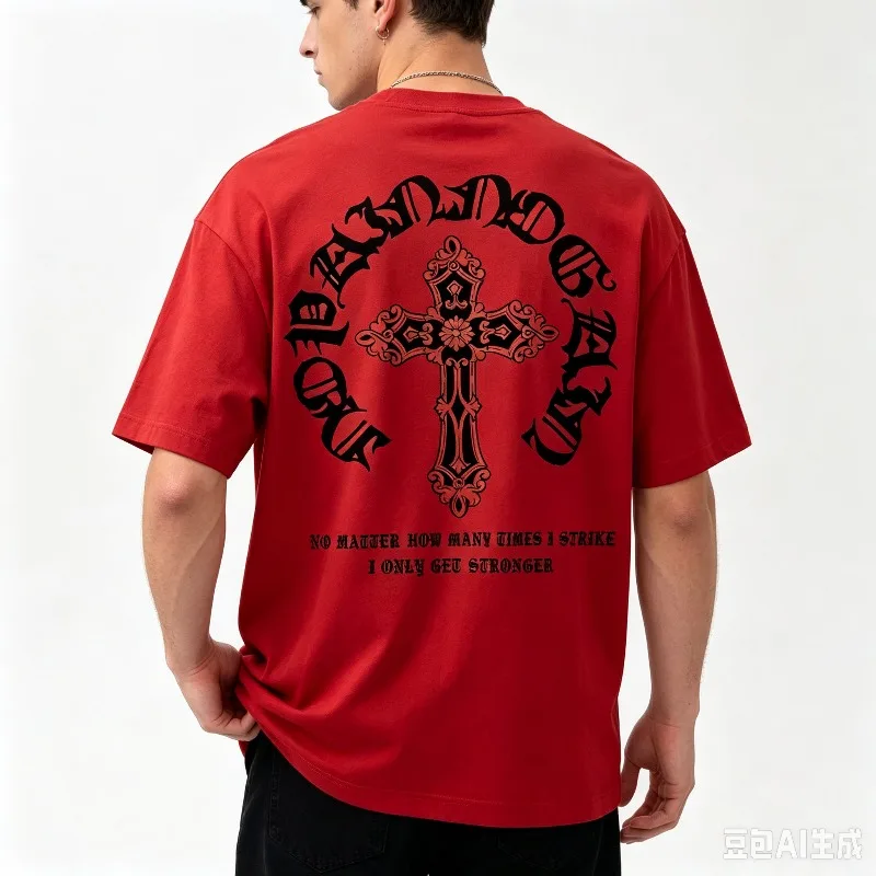 Gothic Cross Stronger Quote T-Shirt Men 100% Cotton Crewneck Tee Front and Back Print Streetwear Outdoor Vacation Weekend Top