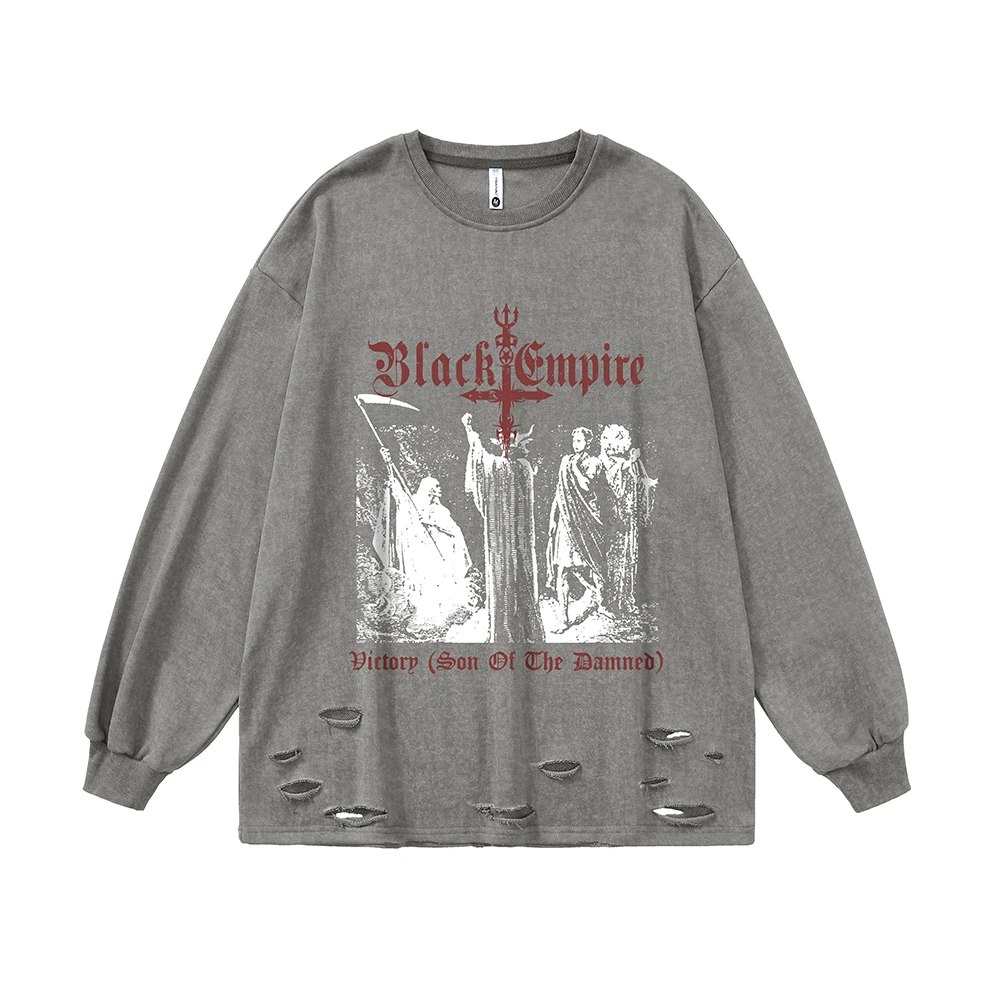 Black Empire Ripped T Shirts Goth Men Long Sleeve Y2k Grunge T-shirts Oversized Retro Men Clothes Harajuku Anime Streetwear Tops