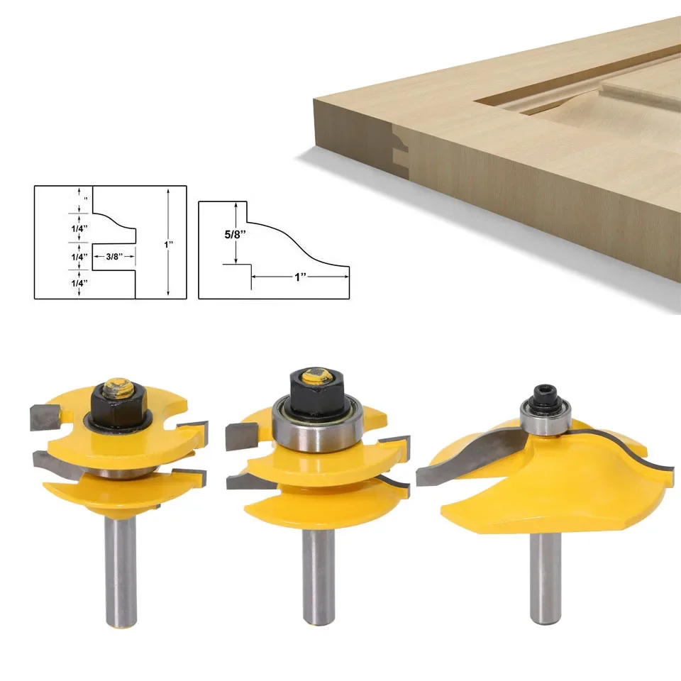 3PCS/Set 8MM Shank Milling Cutter Wood Carving Raised Panel Cabinet Door Router Bit Set 3 Bit Ogee Woodworking Cutter Router Bit