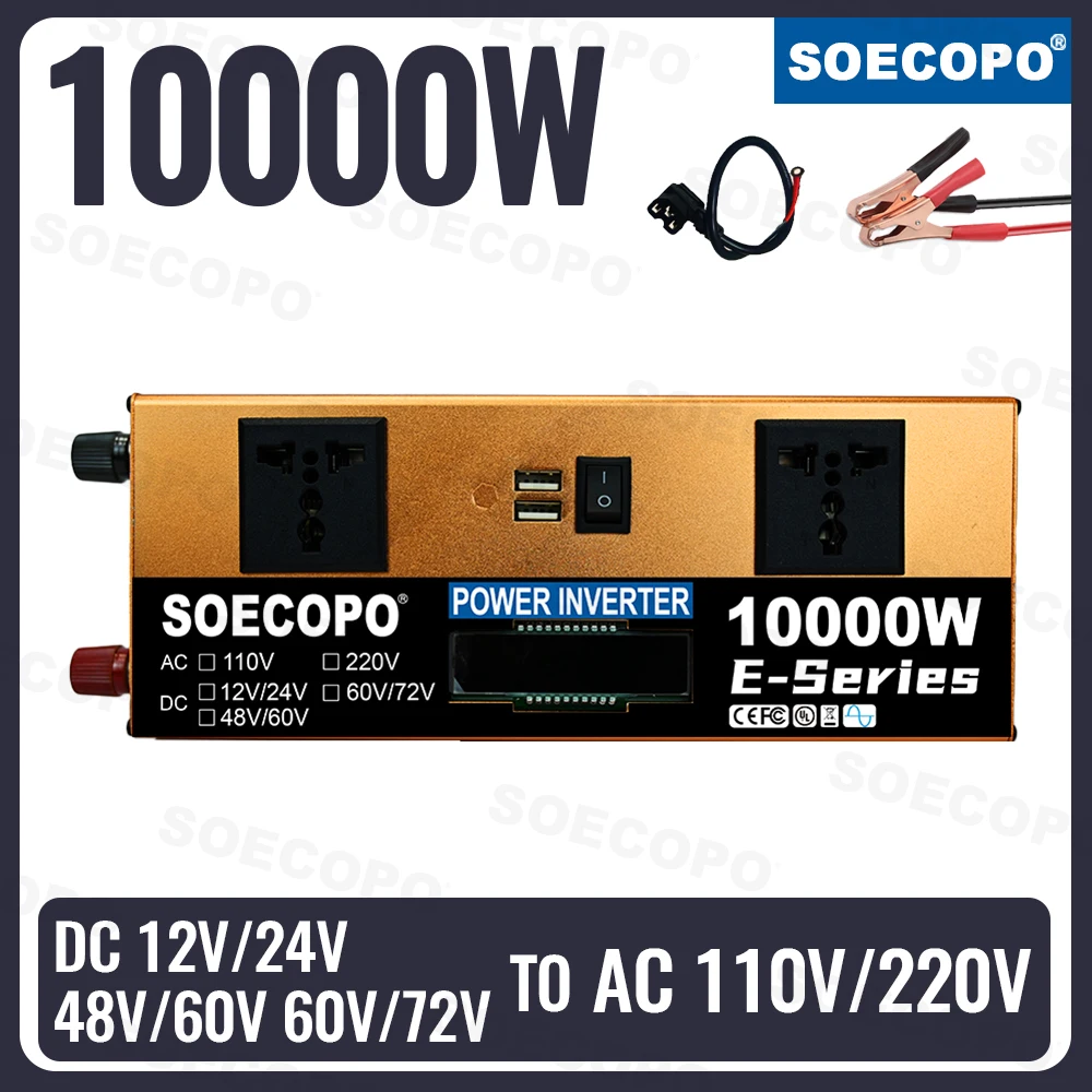SOECOPO 10000W Car Inverter, 2 USB Ports 2 Sockets Dual Voltage Input DC 12V/24V to AC 110/220V Car Voltage Converter Camping RV
