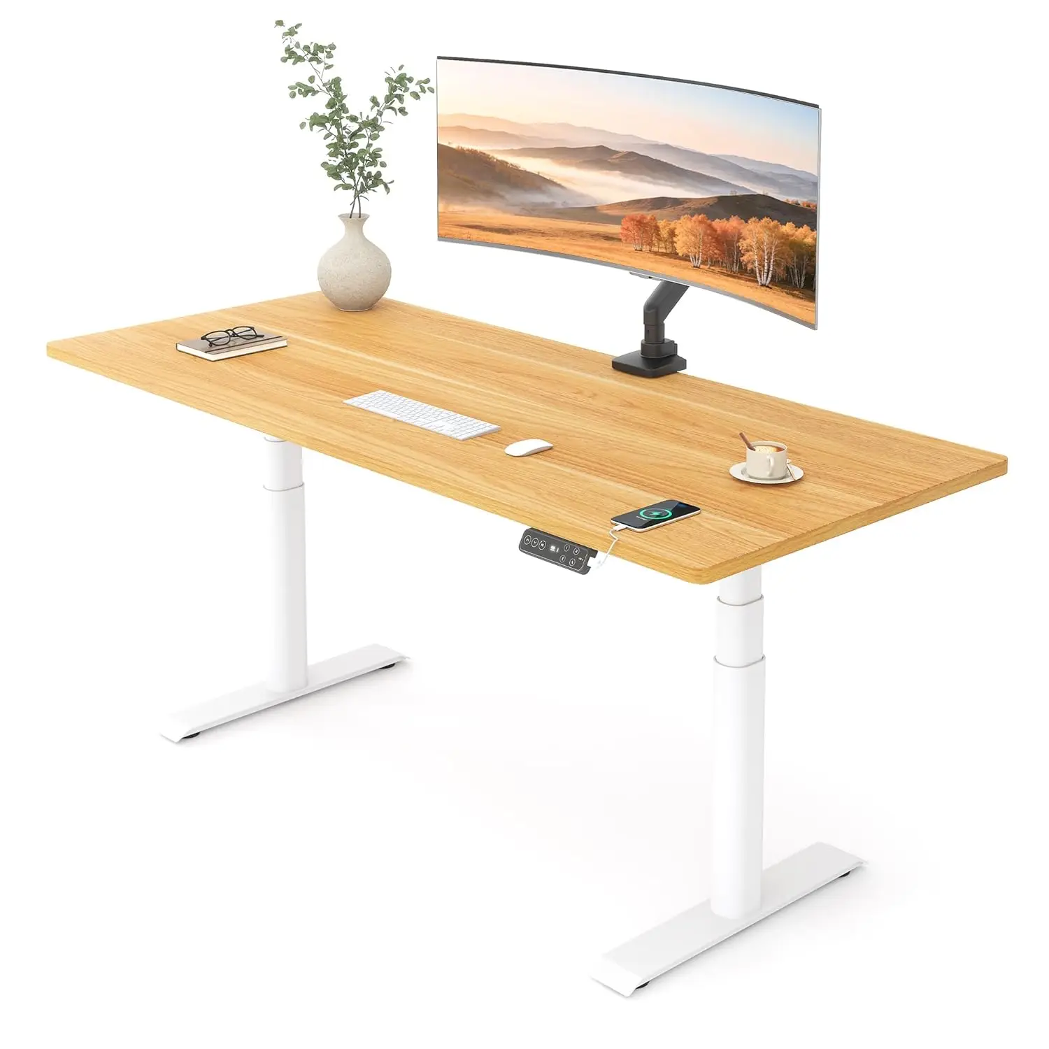 

Dual Motor 3-Stage Height Adjustable Standing Desk 55x28" 150KG Load White Frame Maple Top, Customized