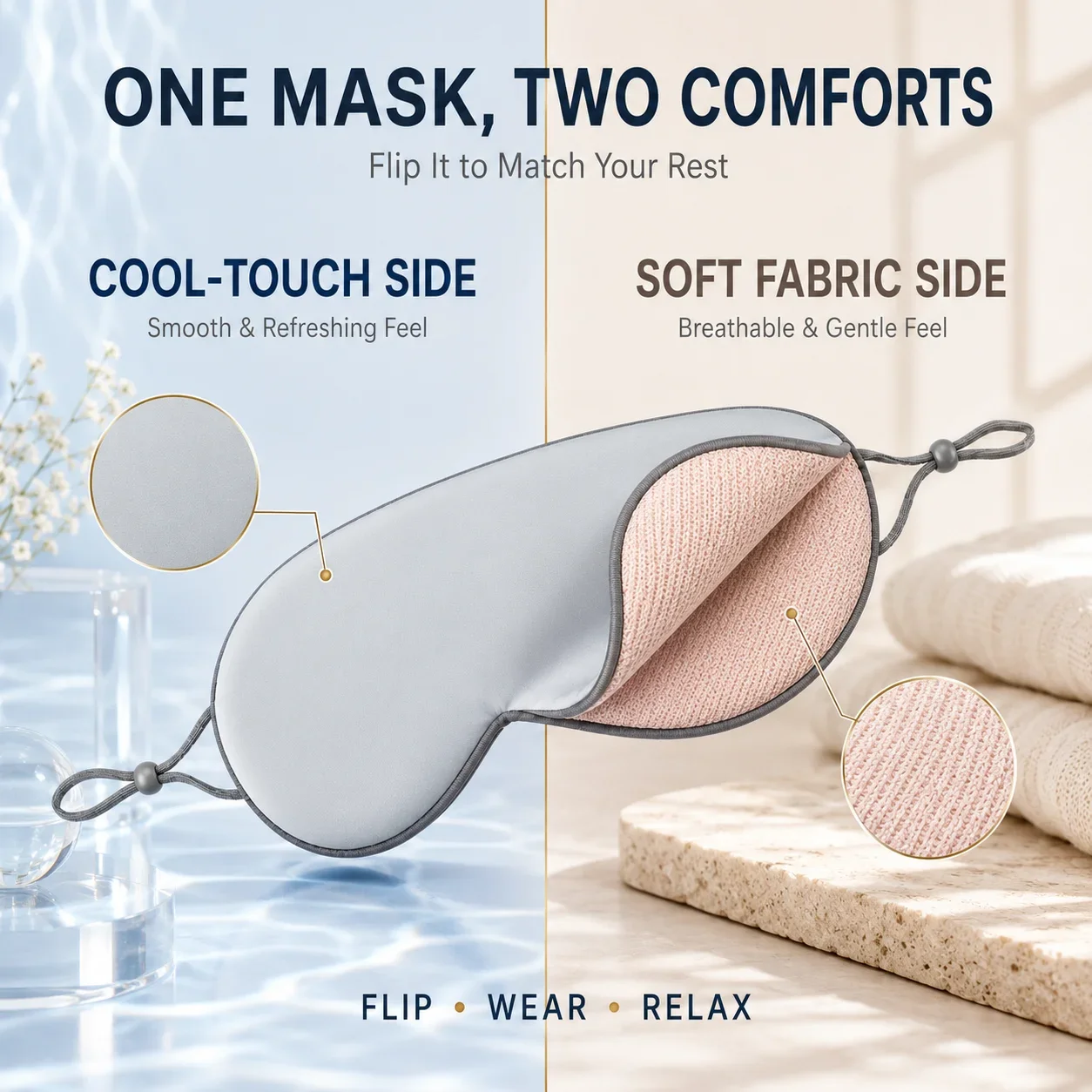 Double-sided Ice Silk Sleep Eye Mask 100% Blackout Zero Eye Pressure No Ear Pain Ultra Soft Warm Cool for Travel Nap Men Women
