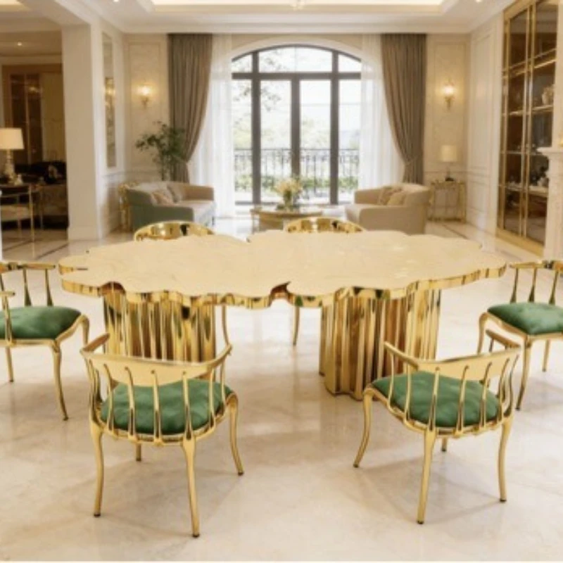 Dining table and chairs yellow and gold combination high-end living room dining room furniture villa large flat dining table