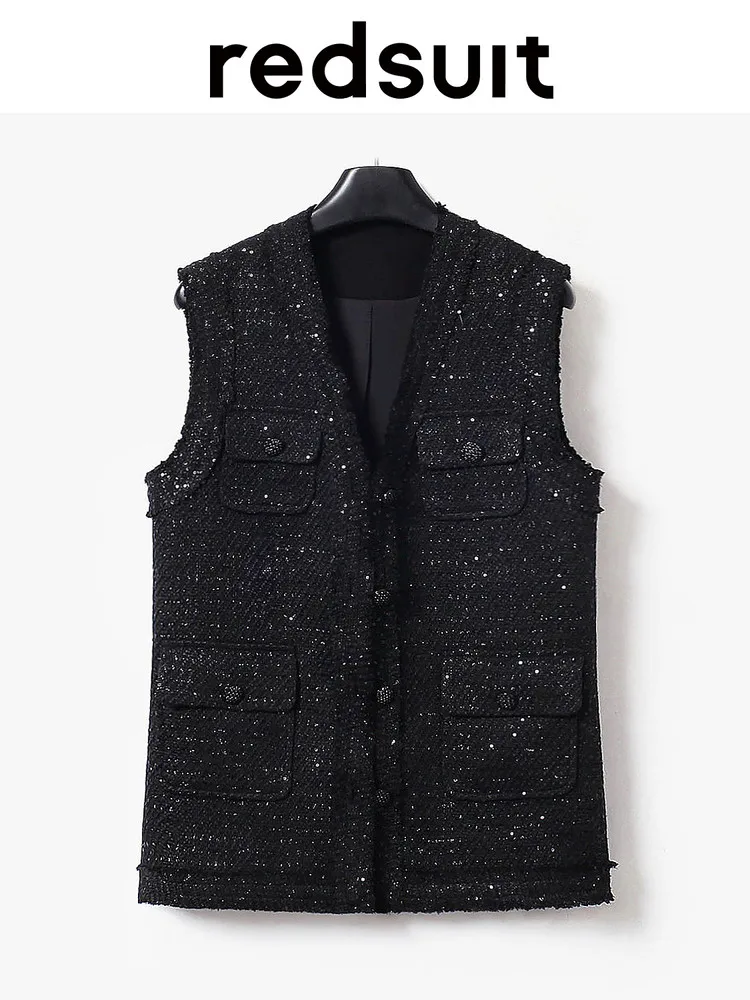 New Versatile black sequined vest for socialites, medium to long clip Custom size