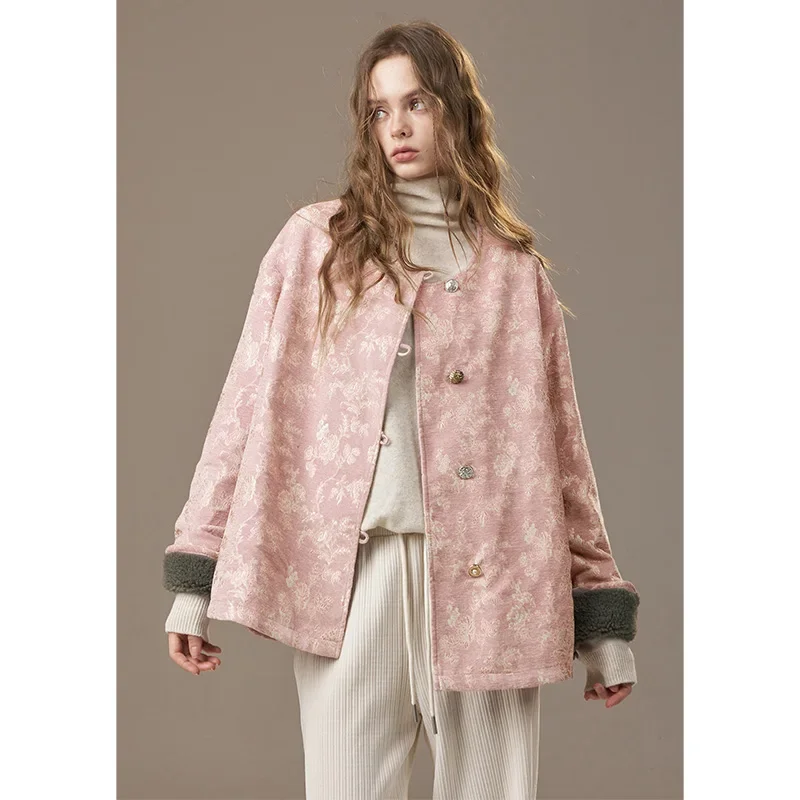 ELFSACK Casual Elegant Shearling Panel Embroidery Oriental Puffer Jacket For Woman