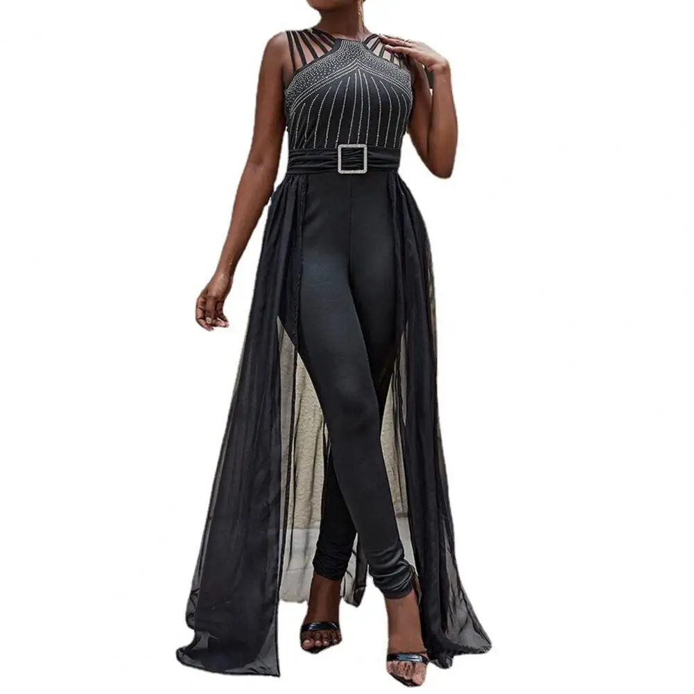 Mesh Patchwork Jumpsuit Elegant Rhinestone Buckle Jumpsuit for Women Mesh Patchwork High Waist Jumpsuit Formal Occasion Party