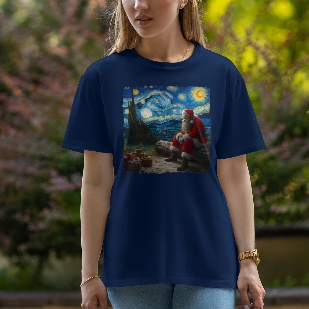 2026 New Starry Night Santa T-Shirt Christmas Van Gogh Style Xmas Tee