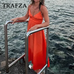 TRAFZA 2024 Spring Summer Beach Style Women Dresses Fashion Casual V Neck Solid Folds Sleeveless Camisole Elegant Ladies Dresses